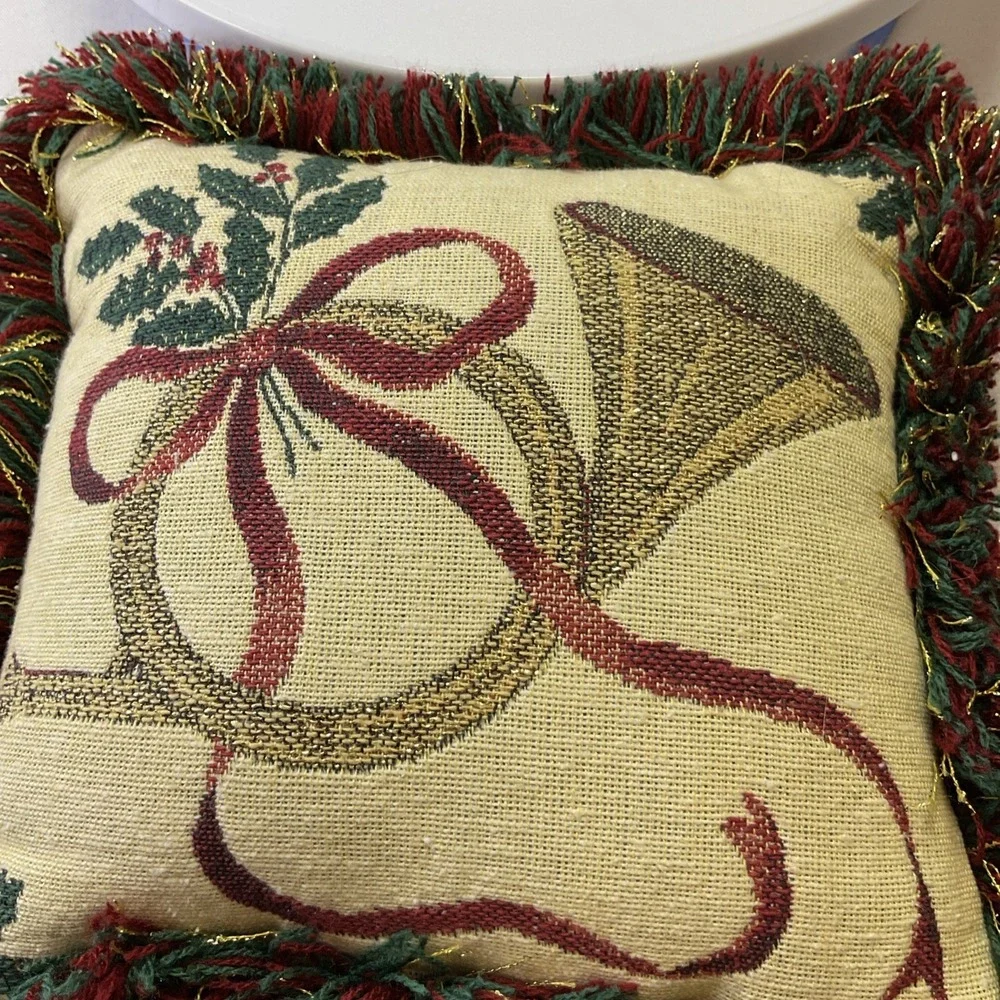 Vtg Christmas Tapestry Fringe‎ Throw Pillow Riverdale w/French Horn 9x8